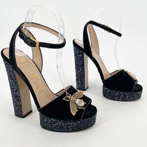 Gucci Glitter Soko Bee Platform High Heel Sandals Notte Oro Multicolor EU 37